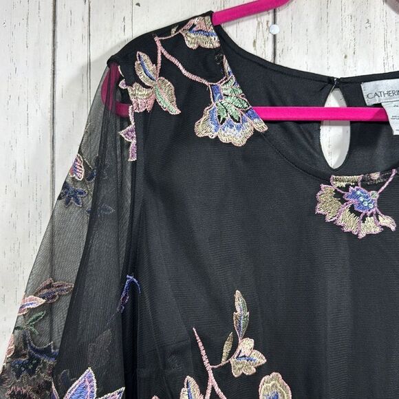 Catherines Black Floral Embroidered Mesh Blouse Womens 4X Elegant Boho Romantic - Picture 2 of 16